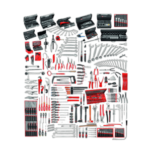 Comprehensive set of industrial maintenance tools including wrenches, screwdrivers, pliers, and sockets in a red and black toolbox for professional repairs.