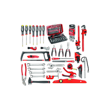 Complete set of hand tools including screwdrivers, pliers, wrenches, and a toolbox, suitable for various repair and maintenance tasks.