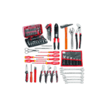 Set of electronic tools including screwdrivers, pliers, wrenches, hammers, and a toolkit for automotive or electronic repairs.