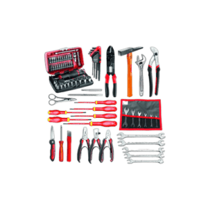 Set of electronic tools including screwdrivers, pliers, wrenches, hammers, and a toolkit for automotive or electronic repairs.