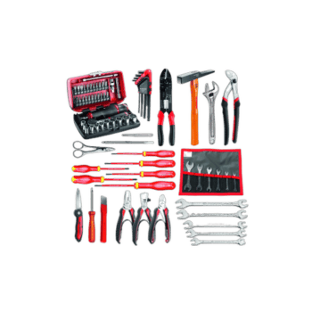 Set of electronic tools including screwdrivers, pliers, wrenches, hammers, and a toolkit for automotive or electronic repairs.