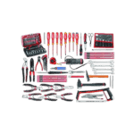 Complete set of electronic tools including screwdrivers, pliers, wrenches, and a drill, arranged on a black background for professional use.