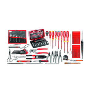 Comprehensive set of electrician tools including screwdrivers, pliers, wrenches, and a toolkit for professional electrical work.
