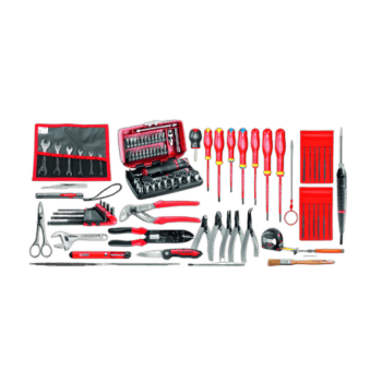 Comprehensive set of electrician tools including screwdrivers, pliers, wrenches, and a toolkit for professional electrical work.
