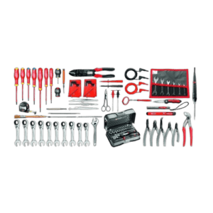 Complete set of electrician tools including screwdrivers, pliers, wrenches, and a toolkit for professional electrical work.