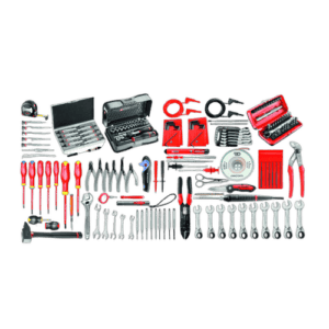 Comprehensive electrician's tool set with screwdrivers, pliers, wrenches, and accessories on black background for professional electrical work.