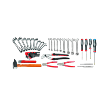 Set of 39 industrial maintenance tools including wrenches, screwdrivers, pliers, and hex keys for professional repairs.