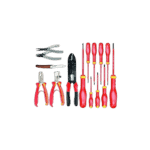 Set of electronic tools including pliers, screwdrivers, and wire cutters with red and black handles for electronic repairs.