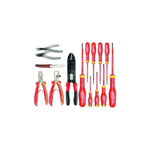 Set of electronic tools including pliers, screwdrivers, and wire cutters with red and black handles for electronic repairs.