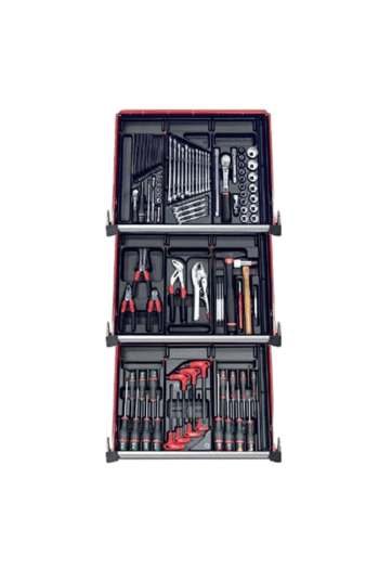 Comprehensive 115-piece Facom tool set with screwdrivers, pliers, sockets, and wrenches in a durable case for professional and DIY use.