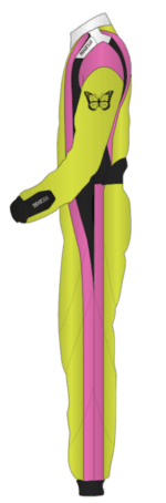 Grand Prix Racewear racing suit in neon yellow, pink, and black with butterfly logo, designed for motorsport enthusiasts and professional racers.
