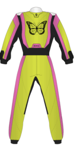 Grand Prix Racewear racing suit in neon yellow, pink, and black with butterfly logo, designed for motorsport safety and style.