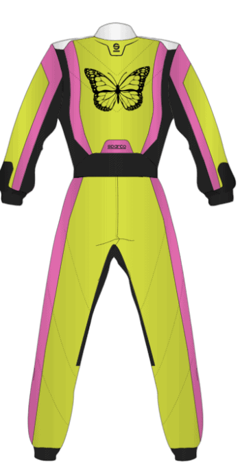 Grand Prix Racewear racing suit in neon yellow, pink, and black with butterfly logo, designed for motorsport safety and style.