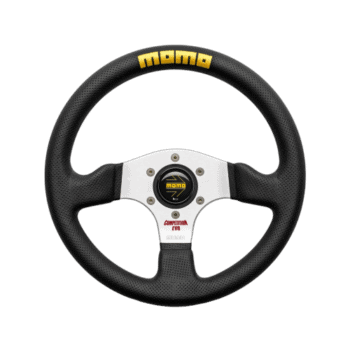 MOMO racing steering wheel with black grip and yellow logo, designed for motorsport enthusiasts.