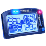 Corsaro-K GPS lap timer for racing with blue backlit display and ultra precision features.