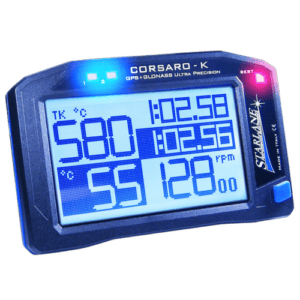 Corsaro-K GPS lap timer for racing with blue backlit display and ultra precision features.