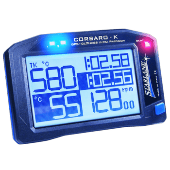 Corsaro-K GPS lap timer for racing with blue backlit display and ultra precision features.
