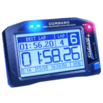 Digital racing lap timer with blue backlit display showing best lap time of 1:58.26 for motorsport timing.