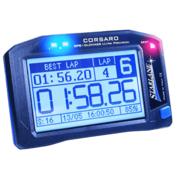 Digital racing lap timer with blue backlit display showing best lap time of 1:58.26 for motorsport timing.