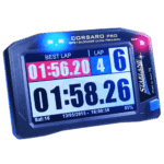 Corsaro Pro GPS lap timer for racing with digital display showing best lap time and current lap details.