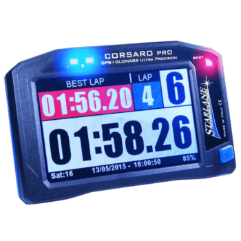 Corsaro Pro GPS lap timer for racing with digital display showing best lap time and current lap details.