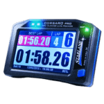 Close-up of the Starlane Corsaro PRO GPS lap timer showing lap times and best lap in vibrant colours.