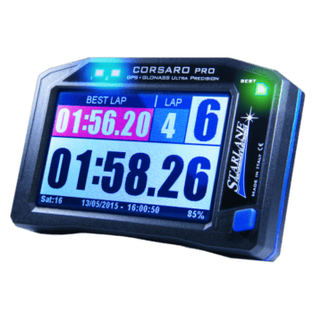 Close-up of the Starlane Corsaro PRO GPS lap timer showing lap times and best lap in vibrant colours.