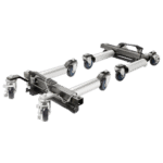 Heavy-duty hydraulic wheel dolly with four swivel castors for vehicle movement and positioning.