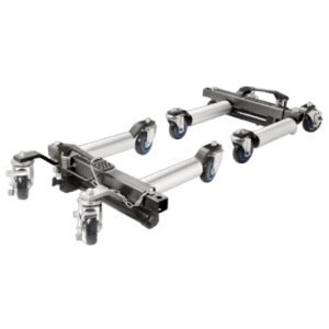 Heavy-duty hydraulic wheel dolly with four swivel castors for vehicle movement and positioning.
