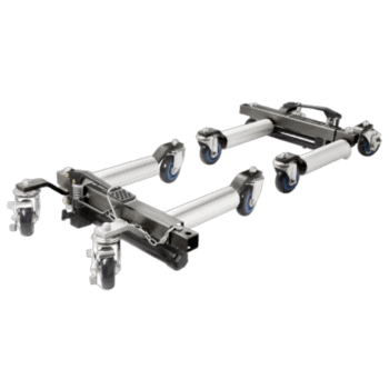 Heavy-duty hydraulic wheel dolly with four swivel castors for vehicle movement and positioning.
