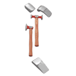 Set of five Facom forming tools including hammers and chisels on a black background.