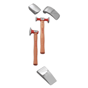 Set of five Facom forming tools including hammers and chisels on a black background.