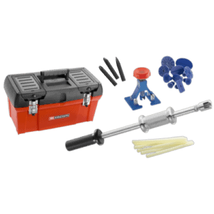 Facom paint-free dent removal kit with glue dots, pulling tools, and accessories for vehicle dent repair.