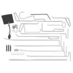 Set of 34 paint-free dent removal tools for vehicle repairs, including hooks, picks, and levers, displayed on a black background.