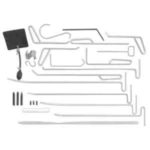 Set of 34 paint-free dent removal tools for vehicle repairs, including hooks, picks, and levers, displayed on a black background.