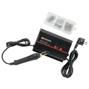 Facom corded plastic stapler CR.PS with accessories including staples and power cord, suitable for industrial or workshop use.