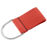 Red fabric strap with metal D-ring for securing equipment, ideal for racewear and safety gear.