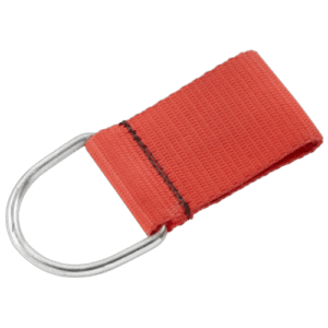 Red fabric strap with metal D-ring for securing equipment, ideal for racewear and safety gear.