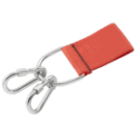 Grand Prix Racewear metal ring with two stainless steel snap hooks and a red strap for secure fastening.