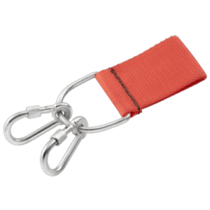 Grand Prix Racewear metal ring with two stainless steel snap hooks and a red strap for secure fastening.