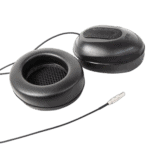 Black racing helmet communication earpieces with microphone for motorsport safety and team communication.