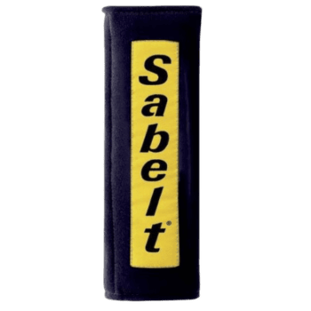 Sabelt racing harness pad in black with yellow logo for motorsport safety gear.