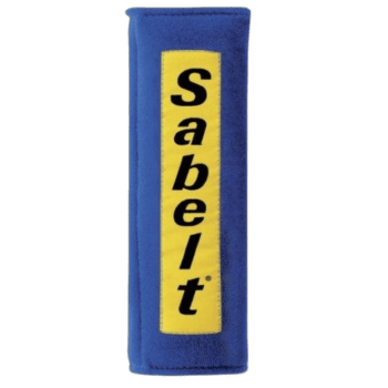 Sabelt racing safety harness pad in blue with yellow and black logo for motorsport safety gear.