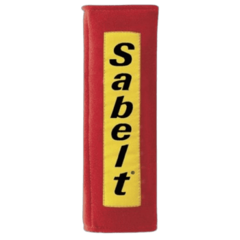 Sabelt racing harness pad in red with yellow and black logo for motorsport safety gear.