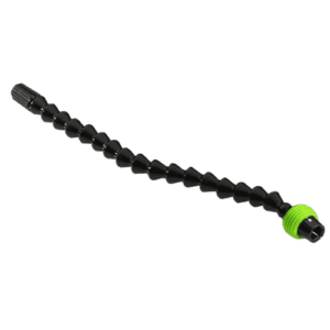 Flexible screw starter tool with black segmented shaft and green end cap for easy grip, used in precision mechanical work.