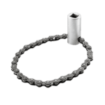 Close-up of a silver chain wrench with a socket attachment on a black background.