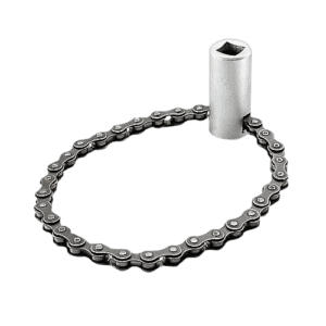 Close-up of a silver chain wrench with a socket attachment on a black background.