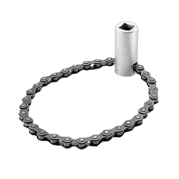 Close-up of a silver chain wrench with a socket attachment on a black background.