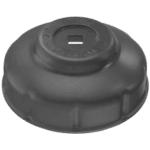 Black rubber wheel cover or hubcap with a square hole in the centre, used for automotive or racing vehicles.