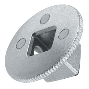 Close-up of a Facom D.169 set of 3 couplers with a square hole and circular holes, metallic finish, used in industrial or mechanical applications.